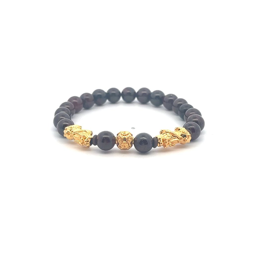18k Gold Pixiu Piyao Coin Ball Charm Bracelet Gemstone Garnet 6mm January Births 232$